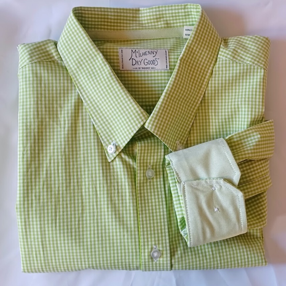 Mcllhenny Dry Goods Men's Button Down Shirt Green White Gingham Flip Cuff  XL
